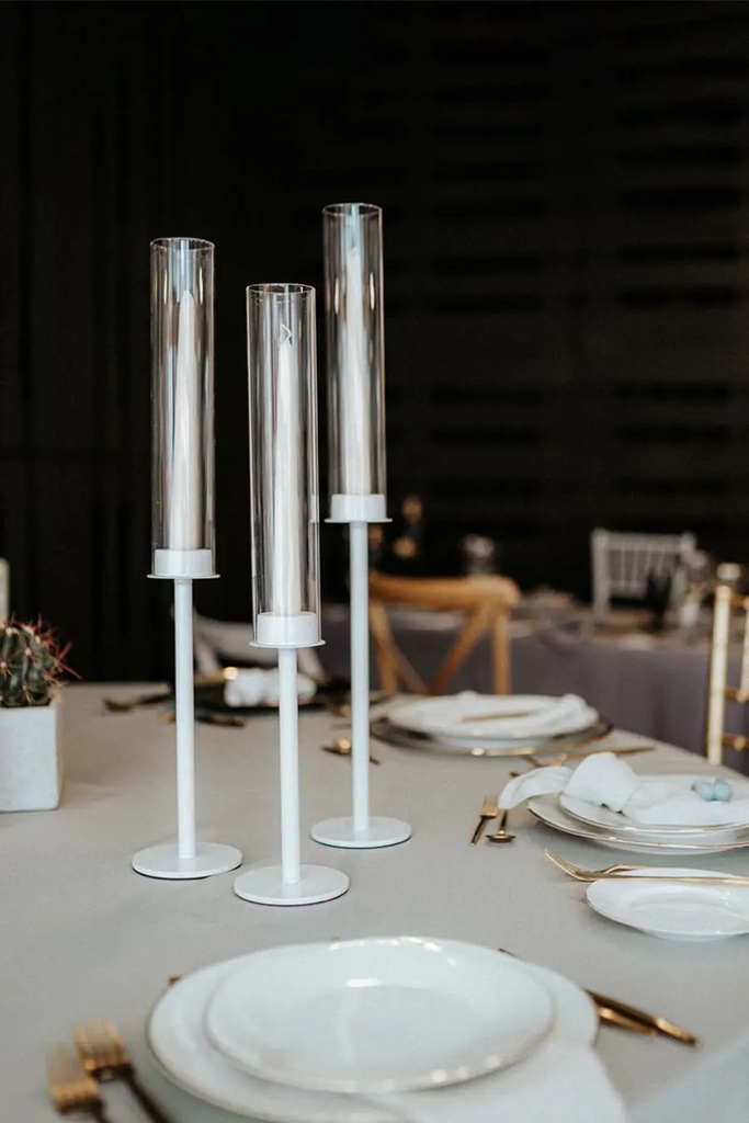 Kerzenständer Weiß mit Glasaufsatz